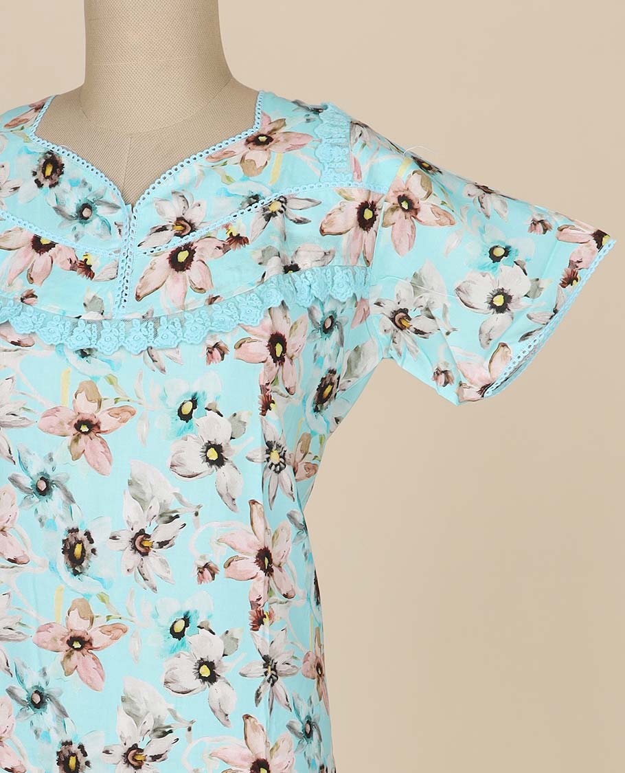 Light blue floral printed & v neck cotton half-sleeve nighty