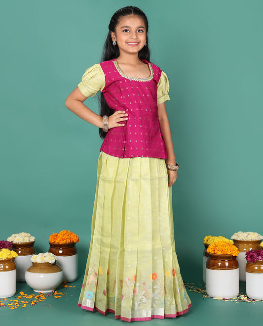 Green readymade art silk pavadai, zari buttas & floral vine border skirt & contrast zari buttas round neck puff-sleeve blouse