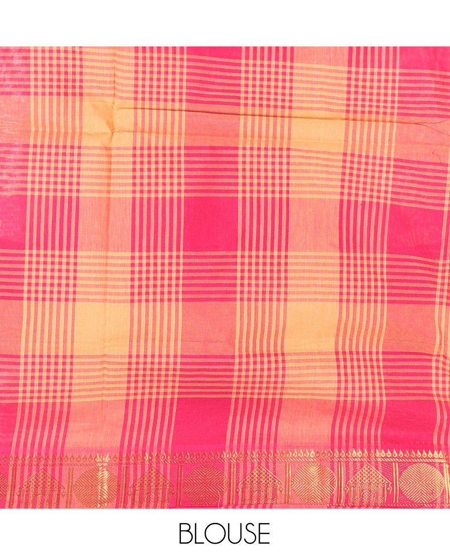 Pink-Sandal Chettinad Cotton Saree, Accentuated with Checks, Zari Border of House Motifs, and Matching Blouse