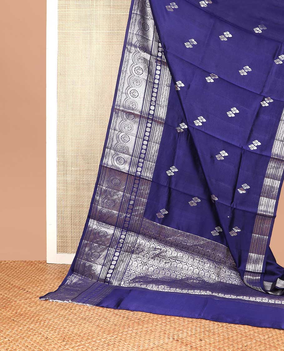 Dark blue floral motifs banaras dupion silk saree with self zari design border & floral jacquard pallu