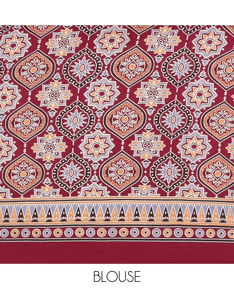 Wine plain design modal satin saree, Ajrakh printed border, floral-Ajrakh printed pallu & Ajrakh printed blouse