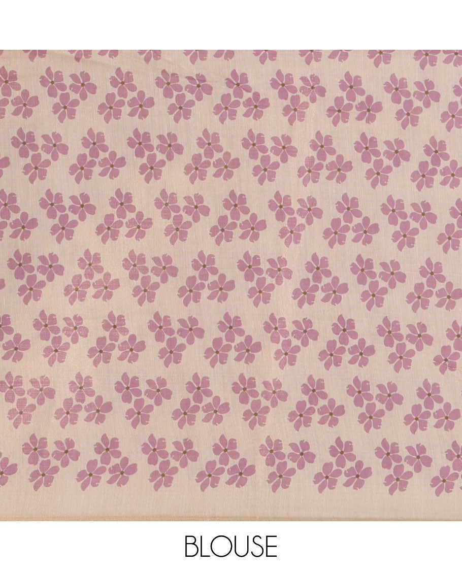 Borderless cream printed onam tissue silk saree features light lavender color five-petal flower & leaf motifs print, matching floral print blouse