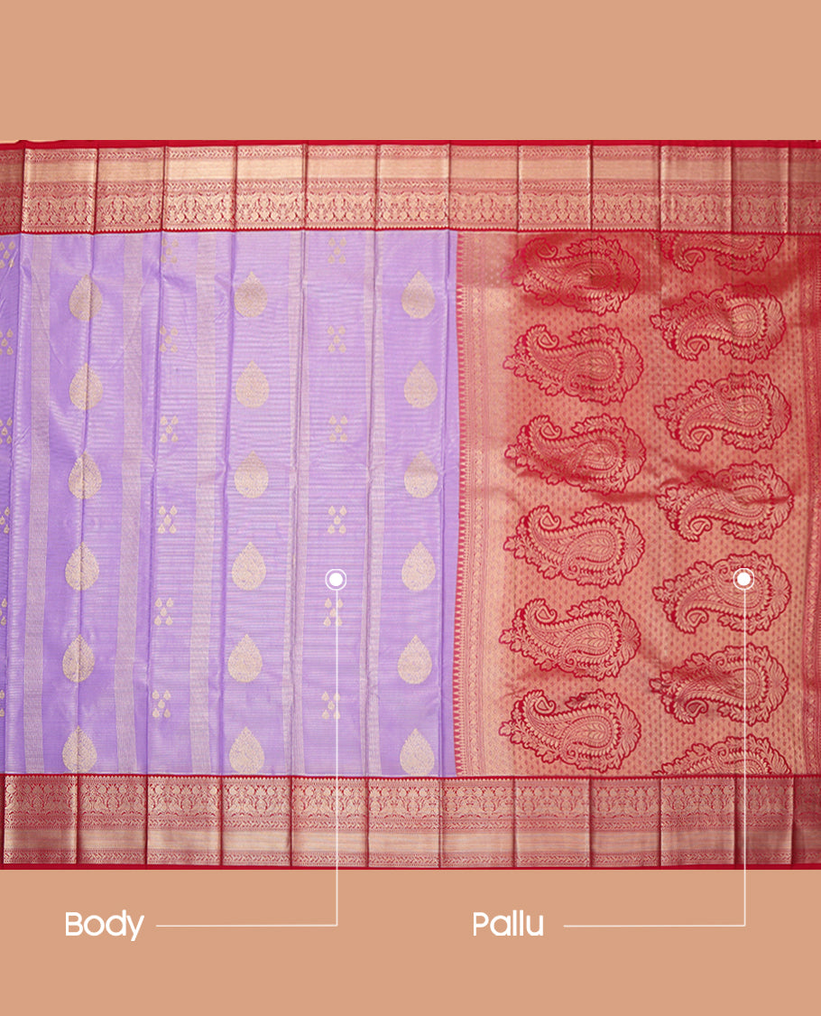 Lavender Budget Silk Saree, Beautified with Zari Buttas and Stripes, a Contrast Traditional Zari Border, Paisley Pallu, and a Contrast Blouse
