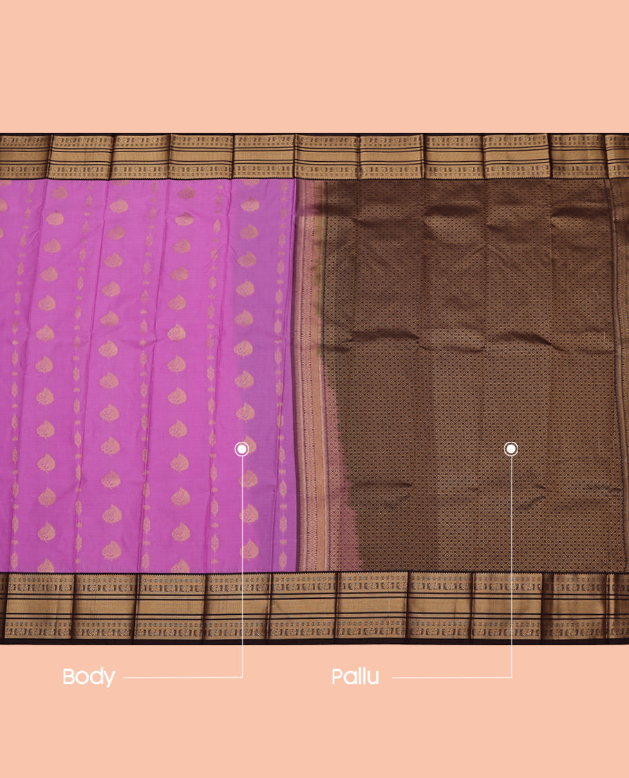 Pink Budget Silk Saree, Delicately Woven with Zari Buttas All Over Its Body, Complemented by a Contrast Traditional Zari Design Border, Grand Jaal Pallu, and Paired with a Contrast Blouse