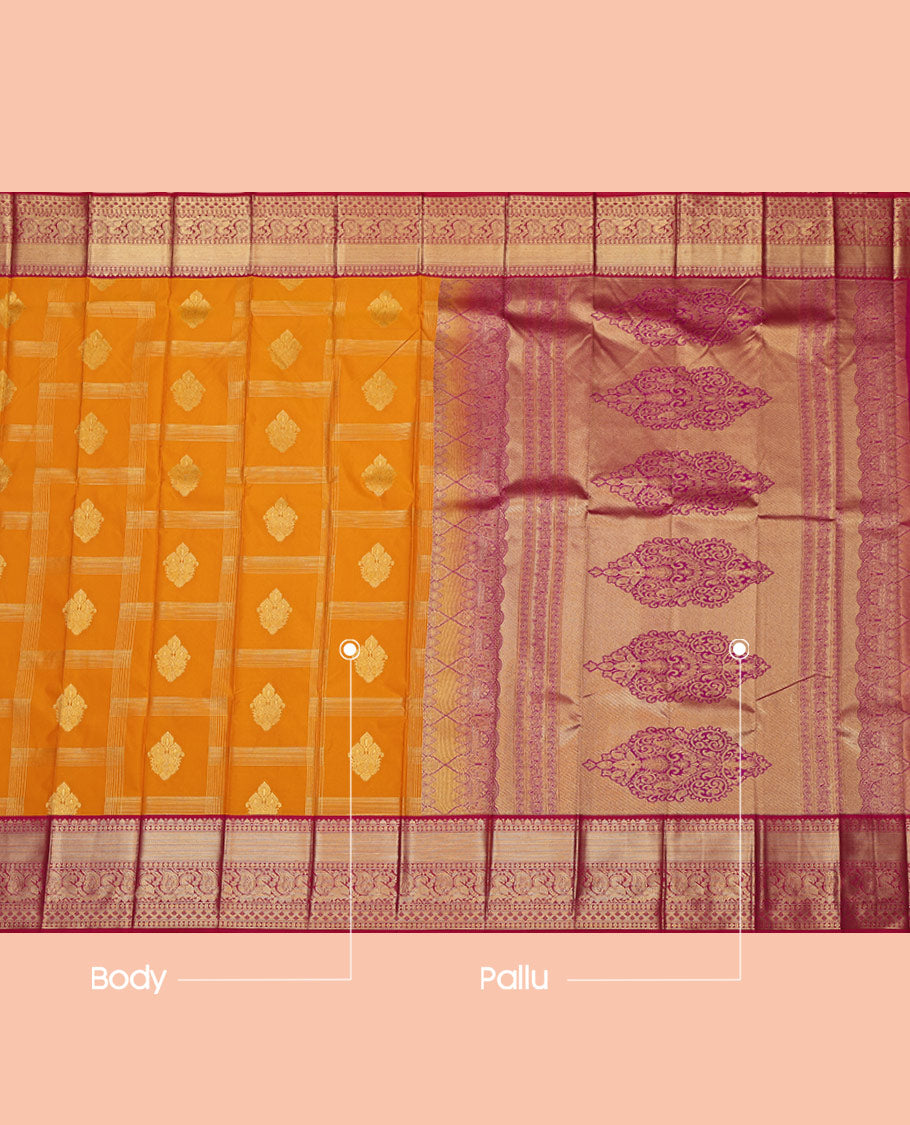 Manga Yellow Budget Silk Saree, Majestically Detailed with Zari Butta Enclosed Checks on Its Body, Complemented by a Contrast Traditional Zari Border, Grand Pallu, and Paired with a Contrast Blouse