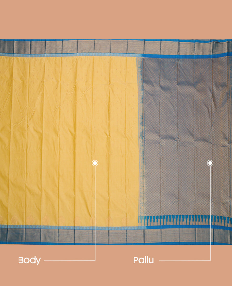 Yellow Budget Silk Saree, Sparsely Woven with Zari Buttas, a Contrast Traditional Zari Border, Grand Pallu, and a Contrast Blouse