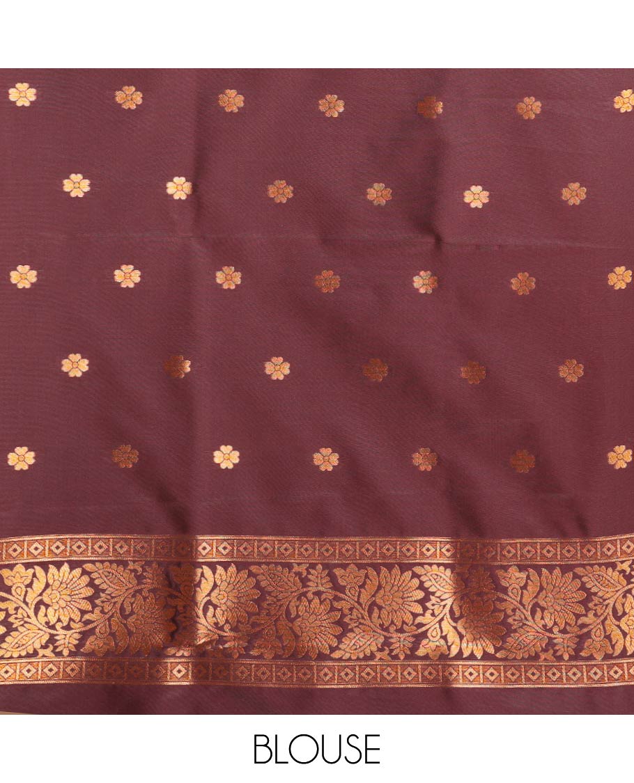 Maroon brocade design mulberry silk saree with self mango design, jacquard border & rich weaving pallu along with plain blouse