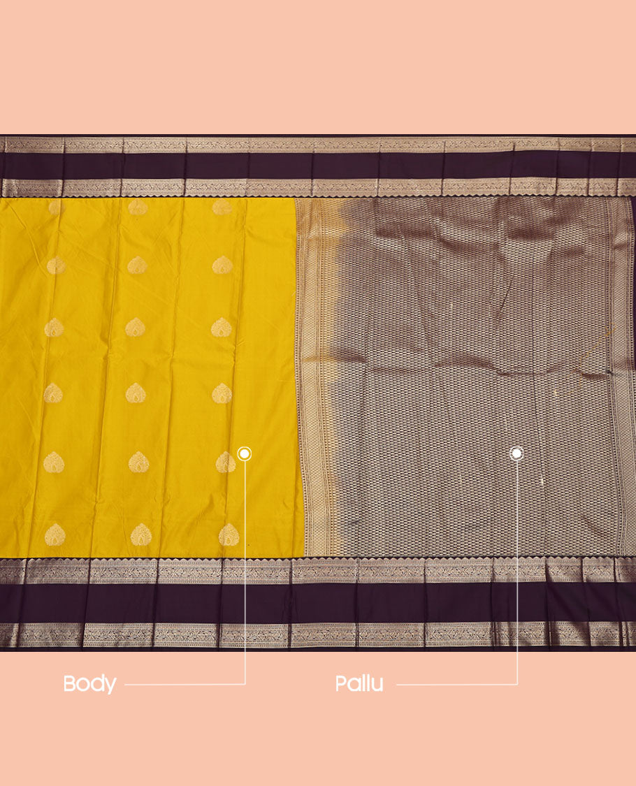 Mustard Budget Silk Saree, Sparsely Woven with Zari Buttas, Complemented by a Contrast Traditional Zari Rettai Pettu Border, Jaal Pallu, and a Contrast Blouse