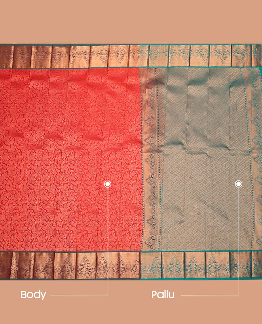 Red Budget Silk Saree, Bedecked with Jacquard Design, Complemented by a Contrast Zari Border, Grand Pallu, and a Contrast Blouse