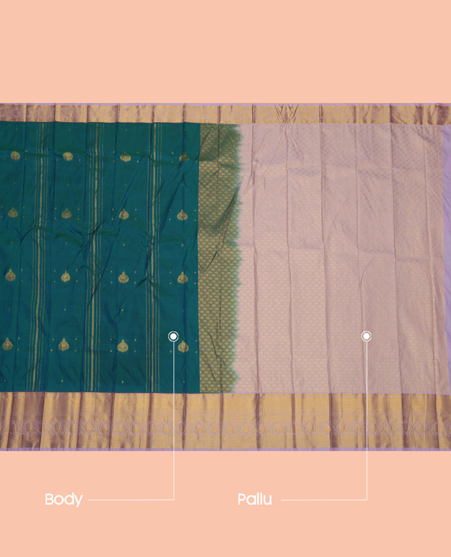 Peacock Blue Budget Silk Saree, Accentuated with Zari Buttas and Stripes, a Contrast Traditional Zari Border, Grand Jaal Pallu, and a Contrast Blouse