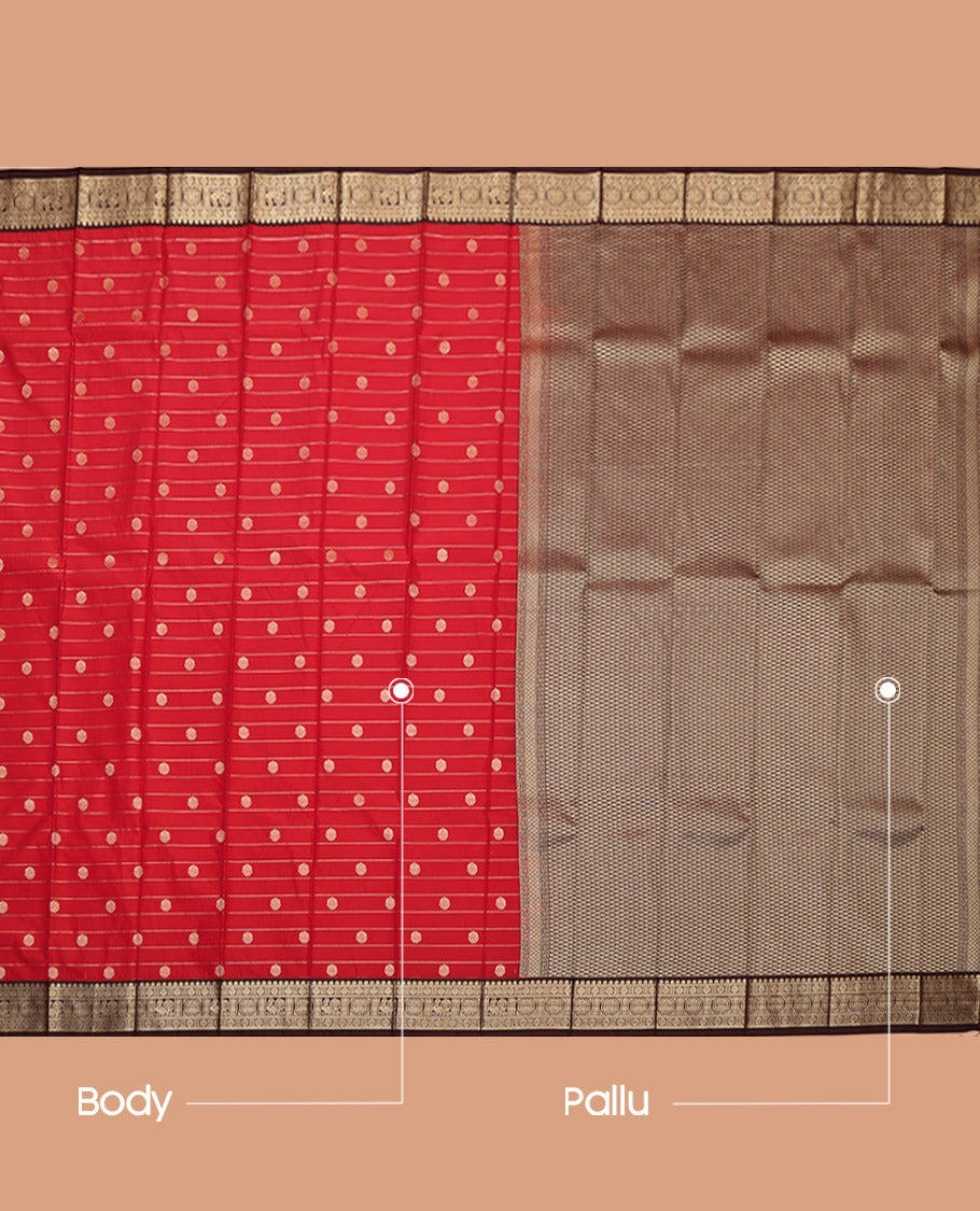 Red Budget Silk Saree, Boldly Accentuated with Zari Buttas and Stripes, Captivating Contrast Traditional Zari Design Border, Grand Jaal Pallu, and a Contrast Blouse