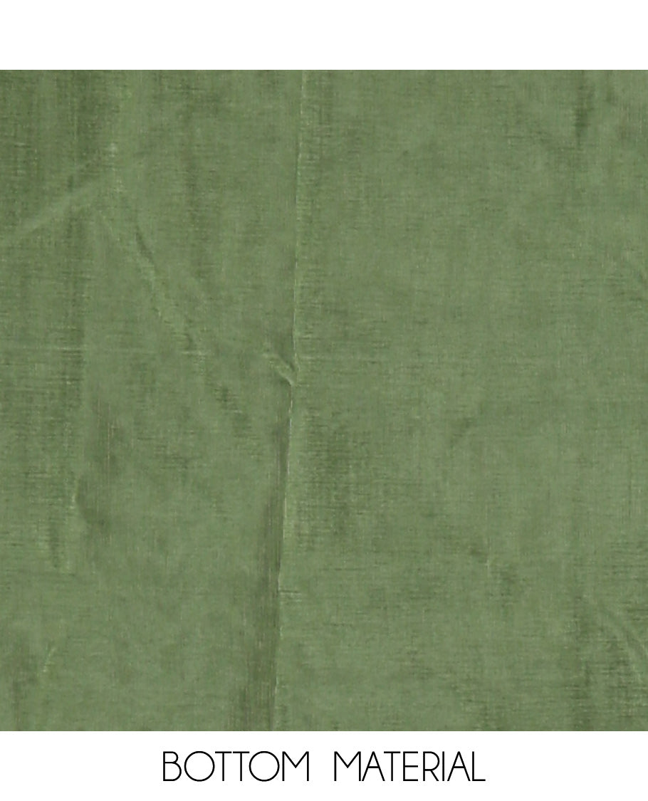 Green Vichitra Silk Designer Material Chudidar Set, Beautiful Bedecked with Floral Cross-Stiched Embroidered Top, A Subtly Plain Santoon Bottom, and Paired with a Georgette Abstract Printed Dupatta