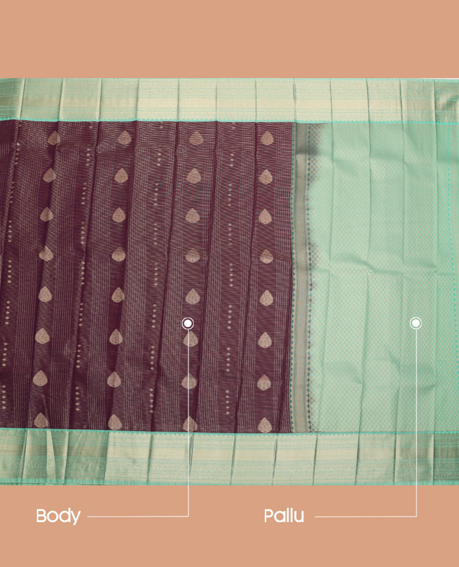 Brown Budget Silk Saree, Accentuated with Zari Designs, Complemented by a Contrast Traditional Border, Grand Pallu, and a Contrast Blouse