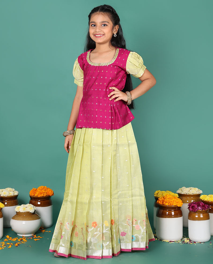 Green readymade art silk pavadai, zari buttas & floral vine border skirt & contrast zari buttas round neck puff-sleeve blouse