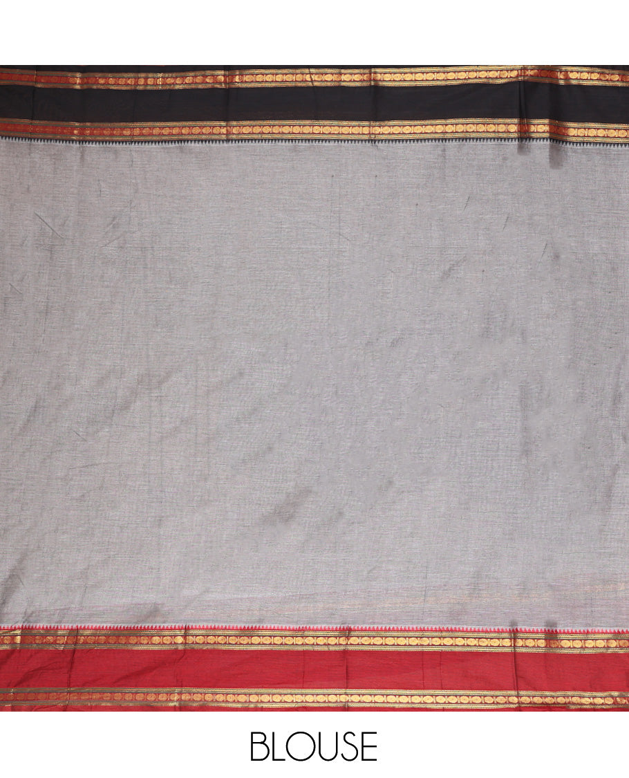 Grey Plain Mercerised Cotton Saree, Contrast Ganga-Jamuna Temple Rudraksha Border, Striped Pallu, and a Matching Blouse