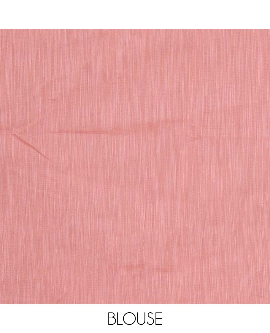 Pink diamond patterns white resham thread embroidered mercerised cotton saree, lace border, and matching plain blouse