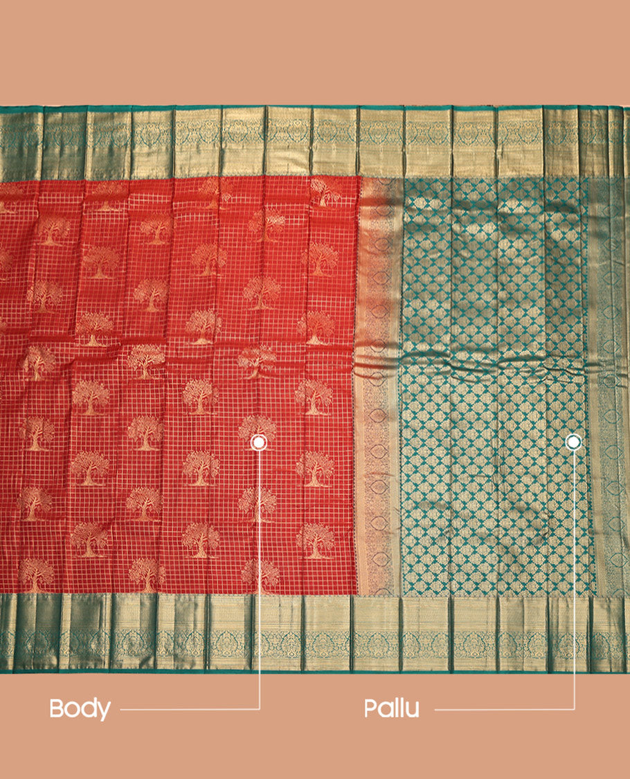 Orange Budget Silk Saree, Delicately Woven with Zari Buttas and Checks, Complemented by Contrast Traditional Zari Border, Intricate Pallu, and Contrast Blouse