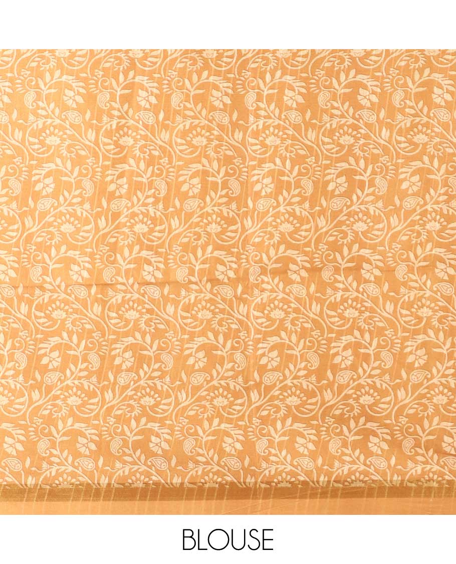 Cream with Mustard cross striped kathan silk saree with floral digital printed border & floral printed pallu along with printed blouse