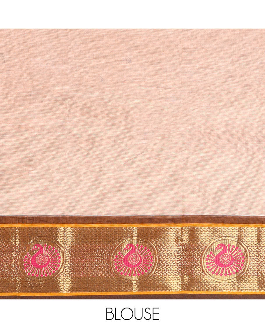 Beige motifs chettinad cotton saree with contrast peacock design border & striped, floral design pallu