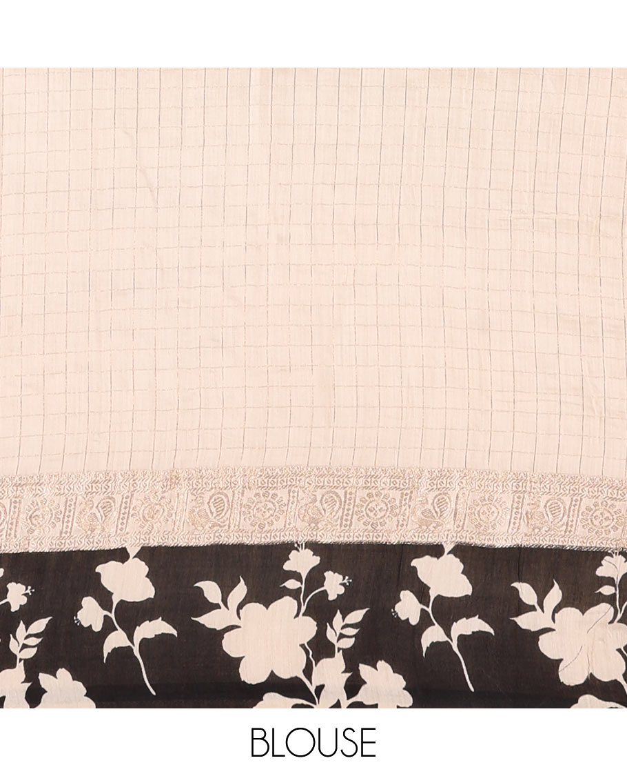 Cream gold zari checked Assam cotton saree, contrast zari border of floral vine print, zari striped pallu, and a matching blouse