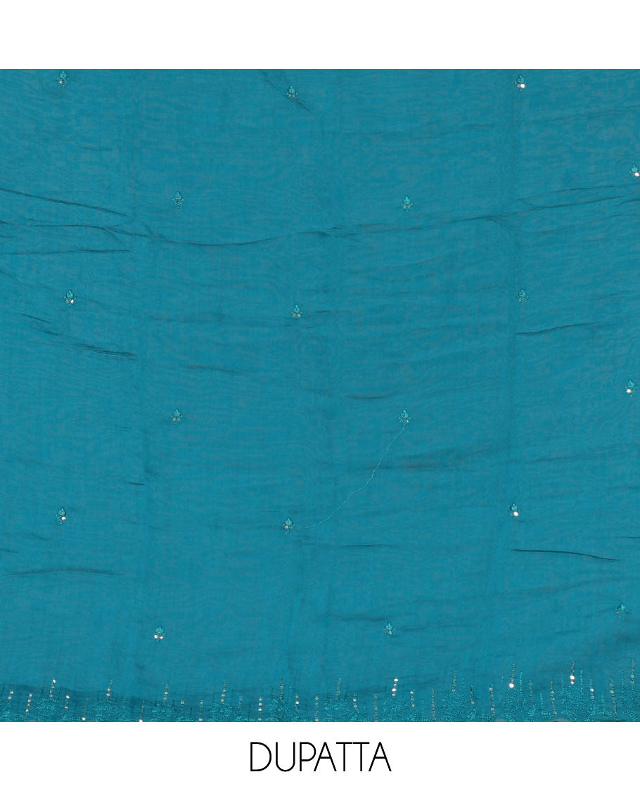 Rama green material chudidar set, Kashmir embroidered and sequins work mul chanderi top, plain santoon bottom, and scallop embroidered dupatta