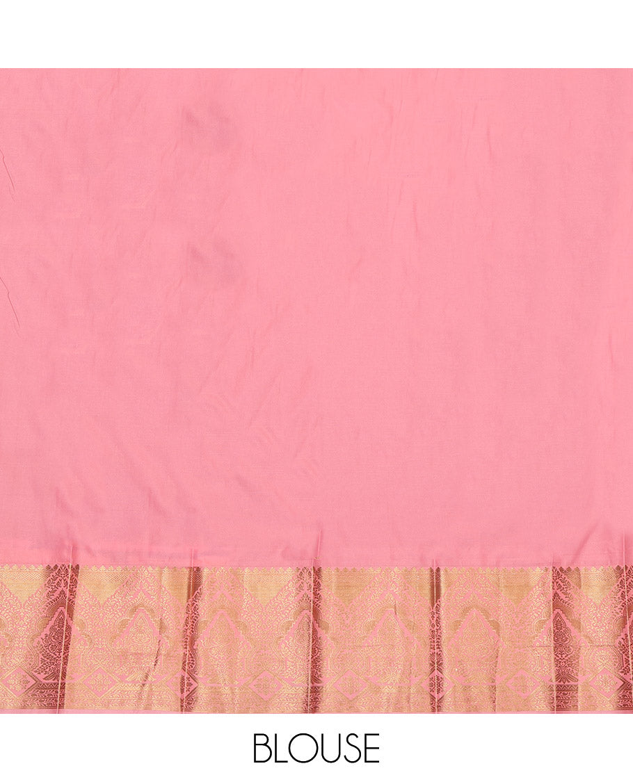 Dark Peach Budget Silk Saree, Adorned with Zari Buttas and Stripes, Complemented by a Contrast Traditional Border, Grand Pallu, and a Contrast Blouse