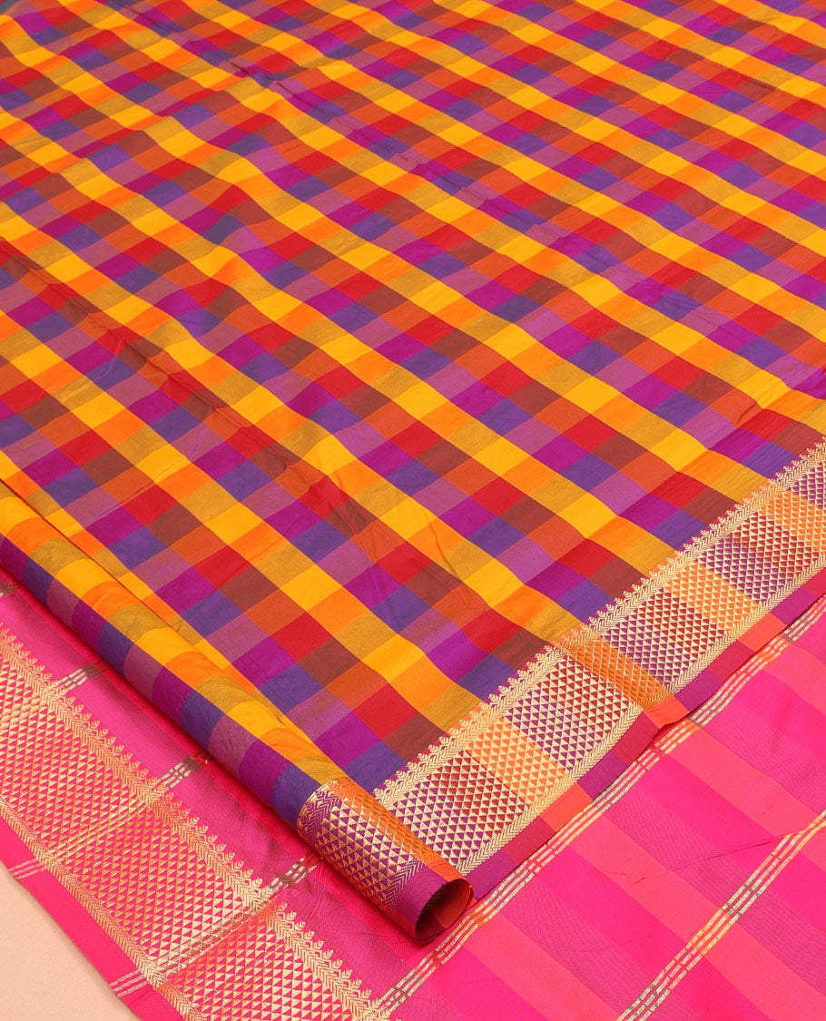 Multi-Color Palum Pazhamum Checked Nine-Yard Saree, Gleamed up with a Ara Maadam Border, Contrast Pallu of Stripes, and No Blouse