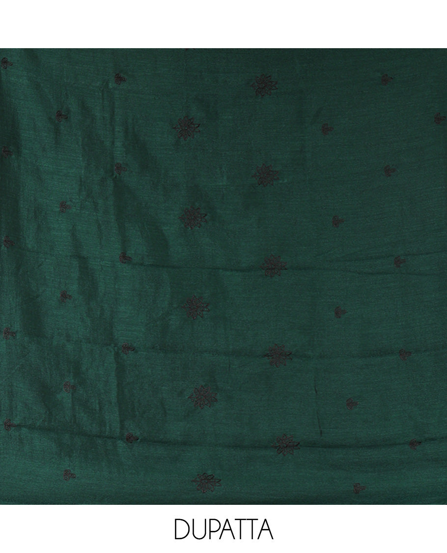 Bottle Green Vichitra Silk Material Chudidar Set Featuring Sequins-Thread-Embroidered Top, a Santoon Bottom, and a Matching Scallop-Embroidery Dupatta