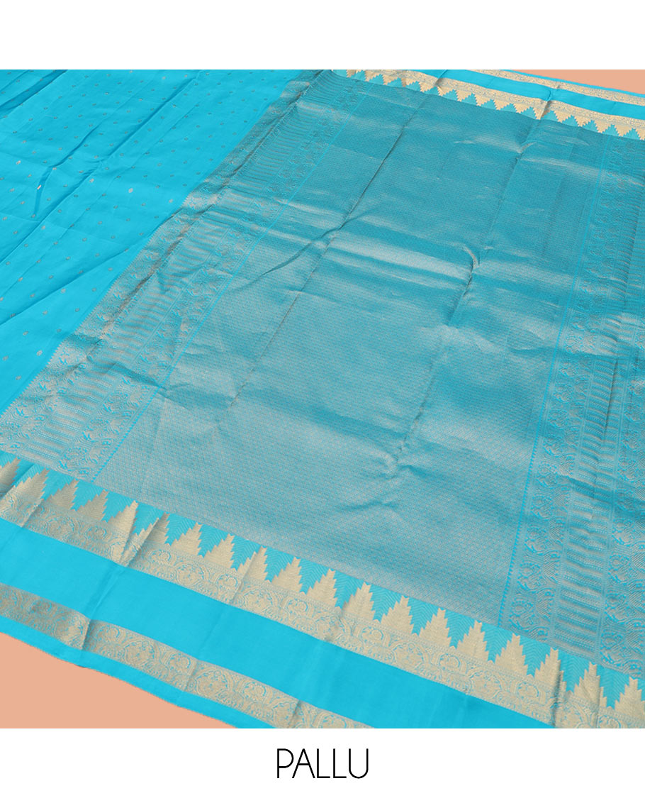 Blue Vasundhara Lite Silk Mix Saree, Subtly Sparkled with Zari Buttas All Over Its Body, Highlighted by a Zari Rettai Pettu Border of Thazampoo Rekku, Salngai, Yaanai and Mayil Designs, Gleaming Jaal Pallu, and Paired with a Matching Blouse