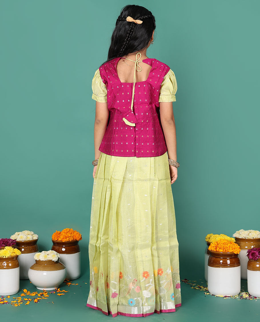 Green readymade art silk pavadai, zari buttas & floral vine border skirt & contrast zari buttas round neck puff-sleeve blouse