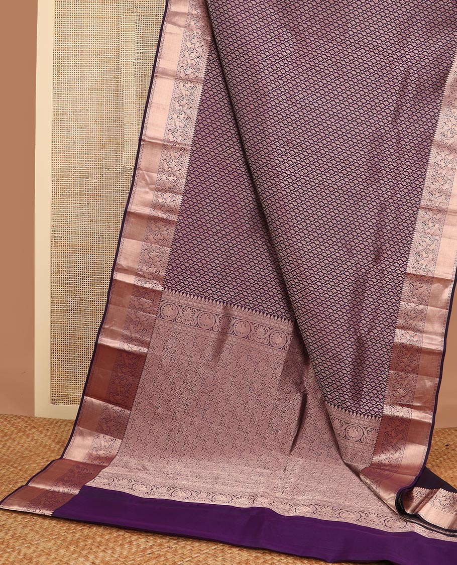 Violet floral jaal design kancheepuram silk saree with self floral design border & jaal design pallu