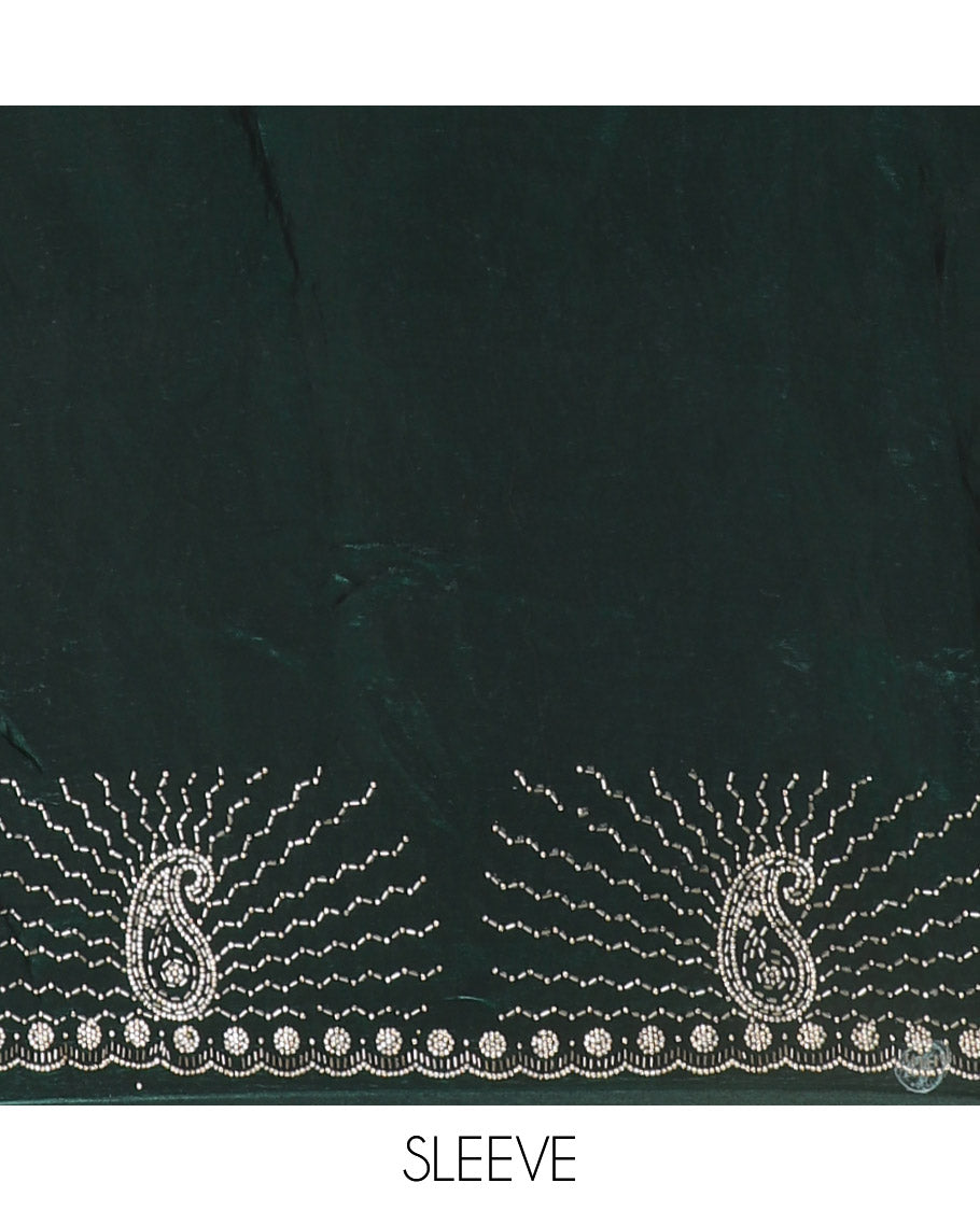 Green micro-stone work fendy chiffon saree with paisley stone work on its shoulder, a scallop stone work border, a butterfly style pallu, and a matching stone work blouse