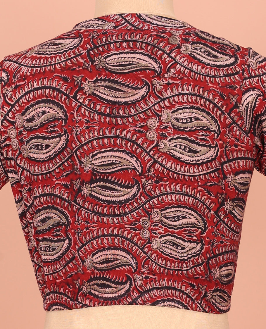 Light Maroon Cotton Readymade Blouse Decorated with All-Over Kalamkari Floral Print, Front V-Neck, Back Closed Neck, and Elbow Sleeves