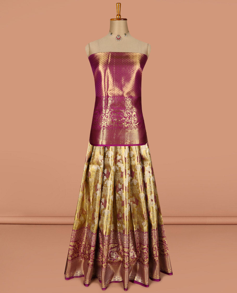 Green pure silk half saree, floral jacquard skirt, contrast jacquard blouse and Mughal style border, and intricate dhavani