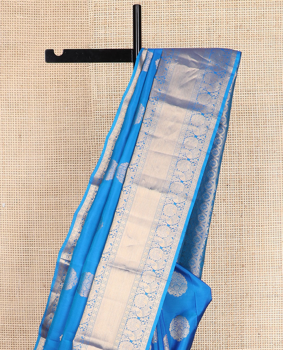 Blue floral buttas vasundhara silk mix saree, chakram butta enclosed checked pallu & border of paisa & mayil designs