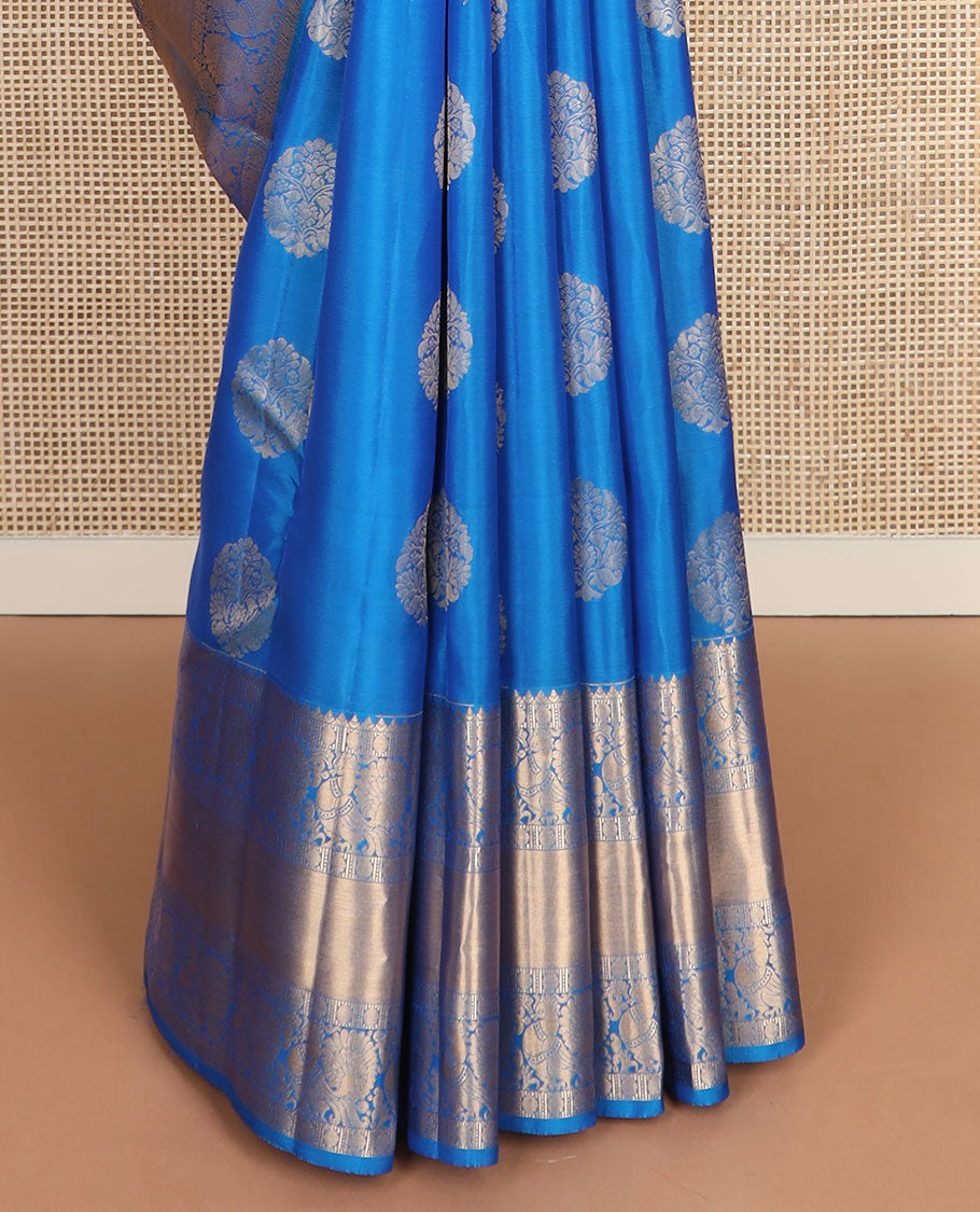 Blue floral buttas vasundhara silk mix saree, chakram butta enclosed checked pallu & border of paisa & mayil designs