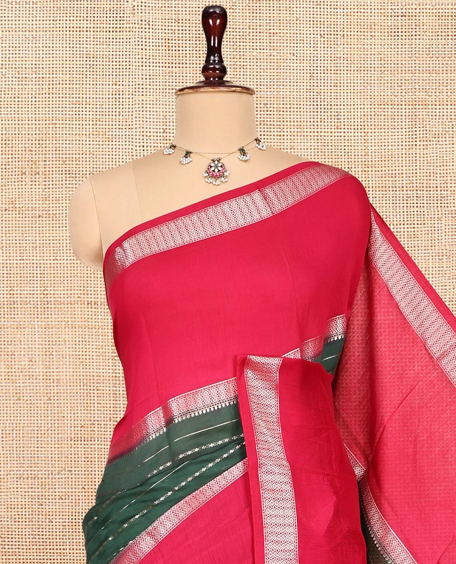 Green Zari Striped Assam Silk Saree, Complemented by a Contrast Traditional Zari Border, Gleaming Zari-Striped Pallu, and a Contrast Blouse