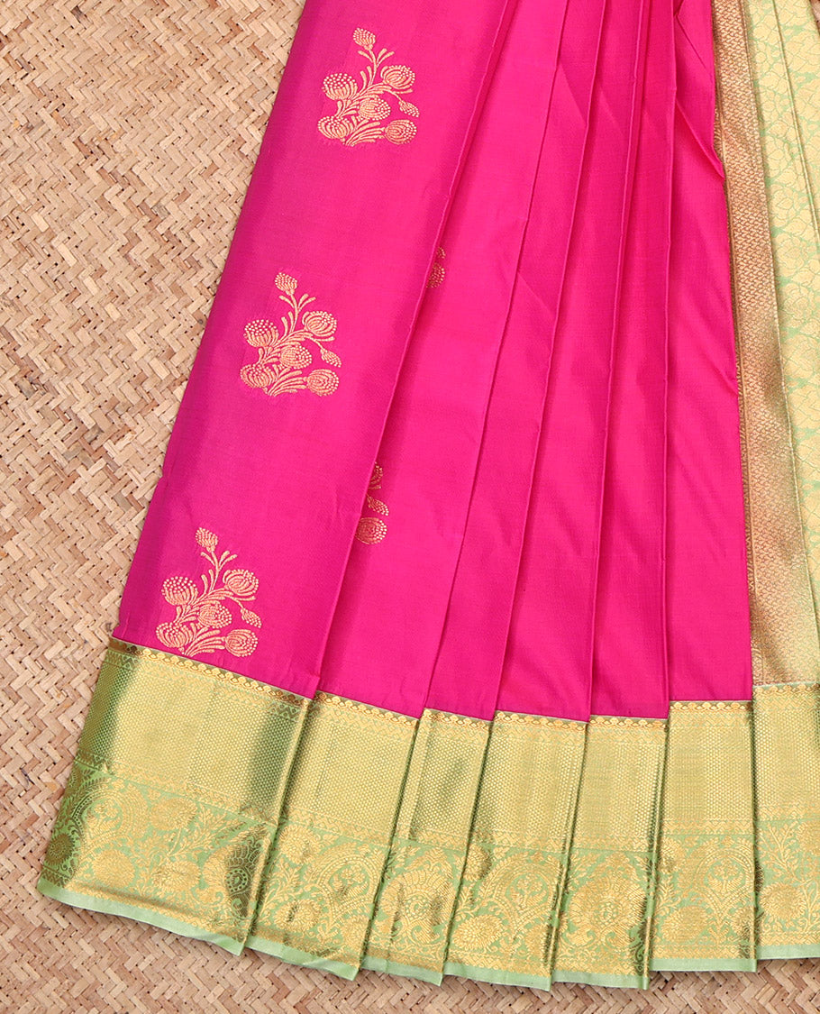 Pink Budget Silk Saree, Elevated with Zari Buttas, Complemented by a Contrast Traditional Border, Grand Pallu, and a Contrast Blouse