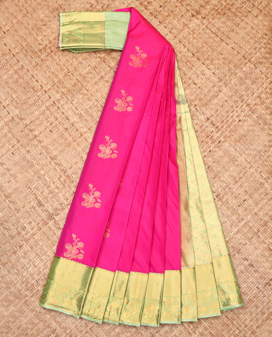 Pink Budget Silk Saree, Elevated with Zari Buttas, Complemented by a Contrast Traditional Border, Grand Pallu, and a Contrast Blouse