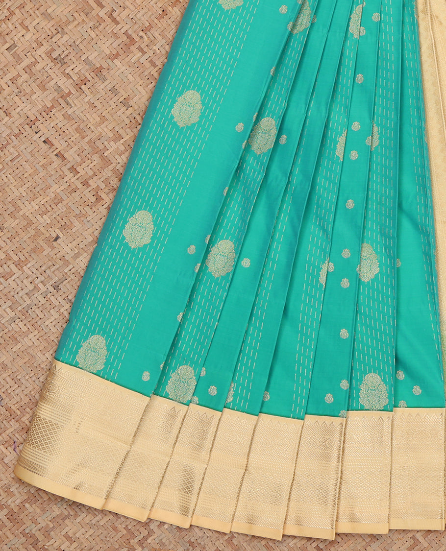 Blue Budget Silk Saree, Accentuated with Zari Buttas and Stripes, Complemented by a Contrast Traditional Zari Border, Grand Pallu, and Contrast Blouse