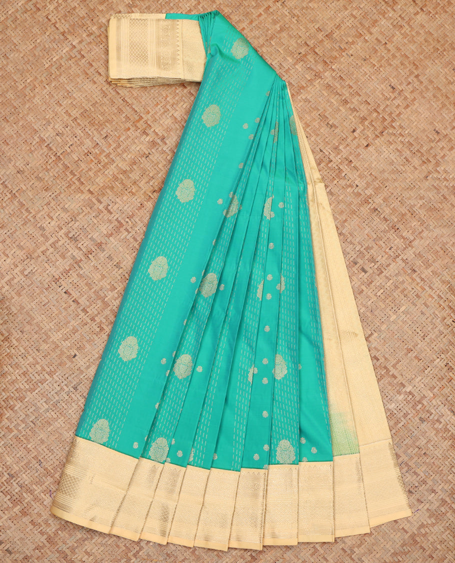 Blue Budget Silk Saree, Accentuated with Zari Buttas and Stripes, Complemented by a Contrast Traditional Zari Border, Grand Pallu, and Contrast Blouse
