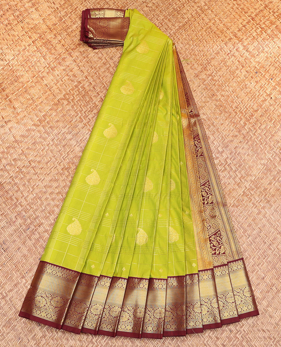 Green Budget Silk Saree, Meticulously Crafted with Zari Buttas and Checks, Contrast Traditional Zari Design Border, Grand Pallu, and a Contrast Blouse