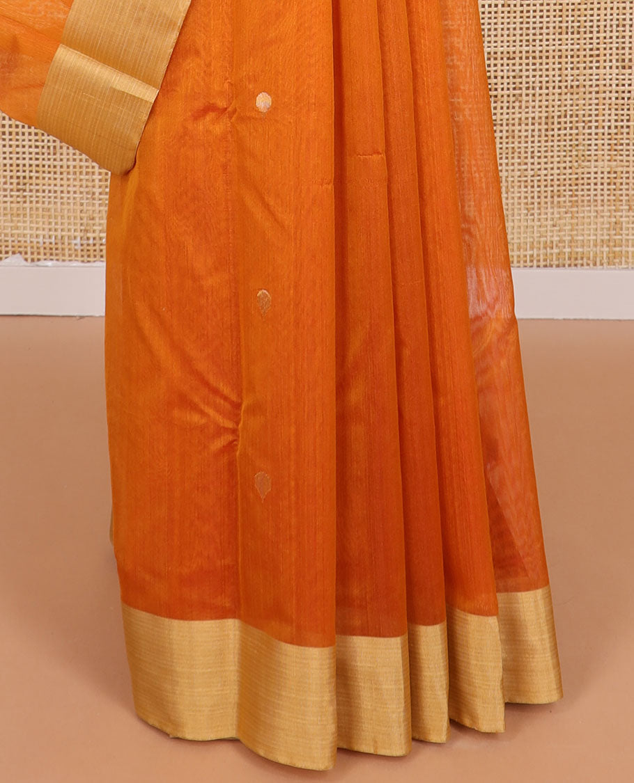 Orange leaf design chanderi cotton saree with self zari border & floral design pallu