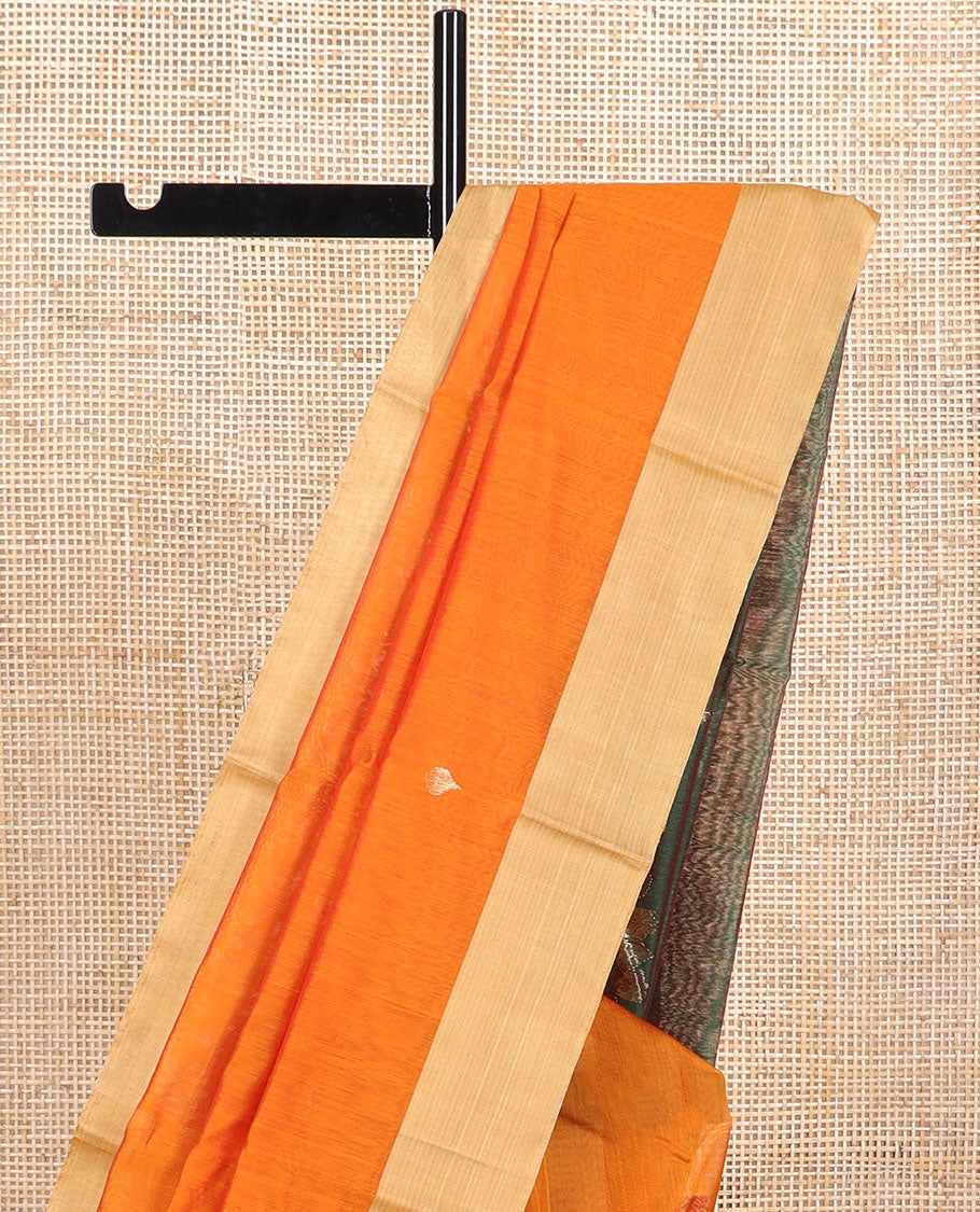 Orange leaf design chanderi cotton saree with self zari border & floral design pallu