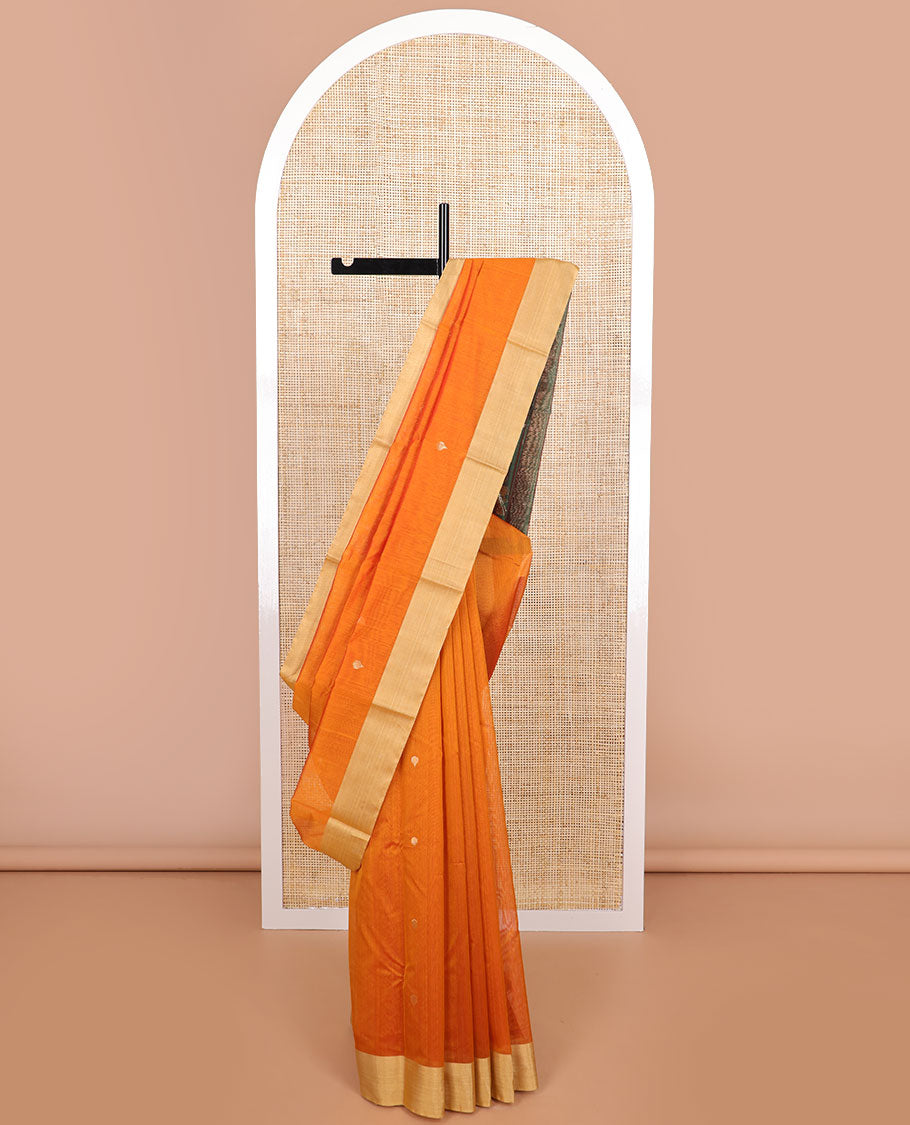 Orange leaf design chanderi cotton saree with self zari border & floral design pallu