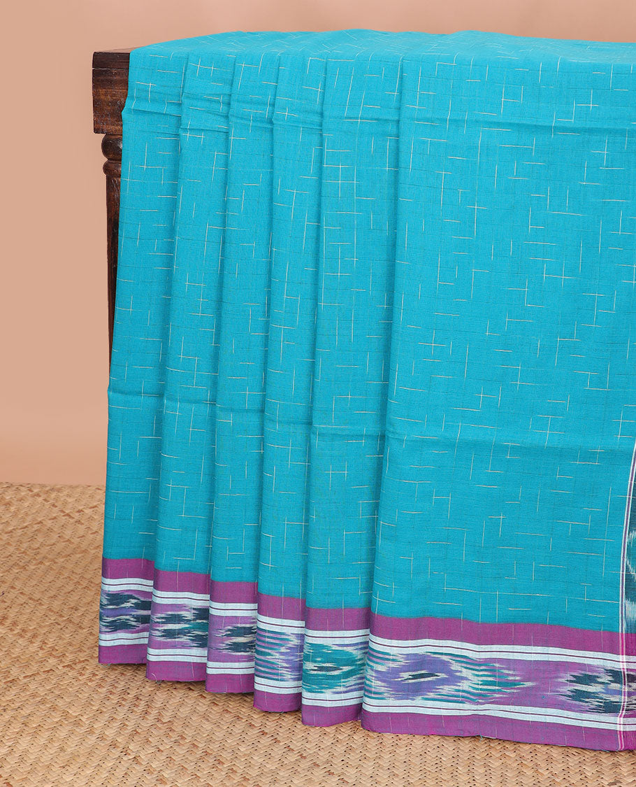 Blue checked design ikkat cotton saree with floral design border & floral design pallu