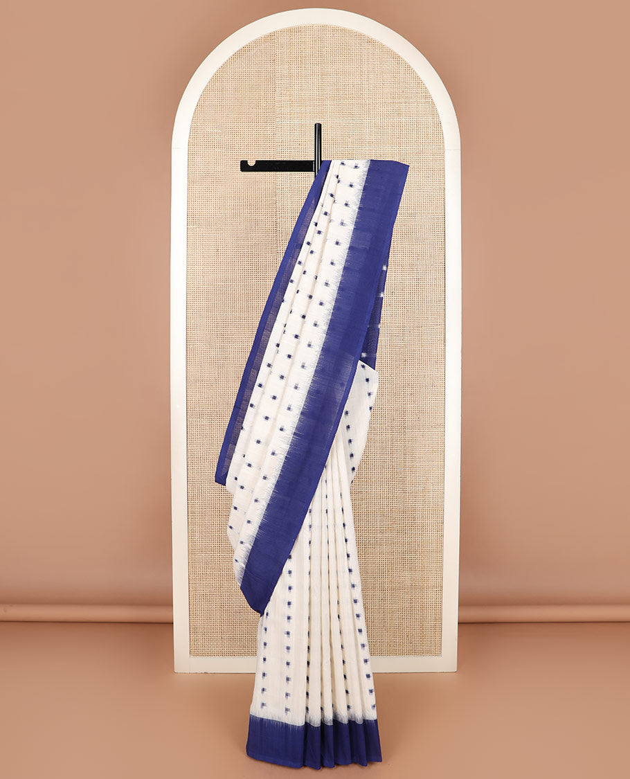 White square buttas Pochampally ikkat saree, contrast plain border, and square buttas pallu