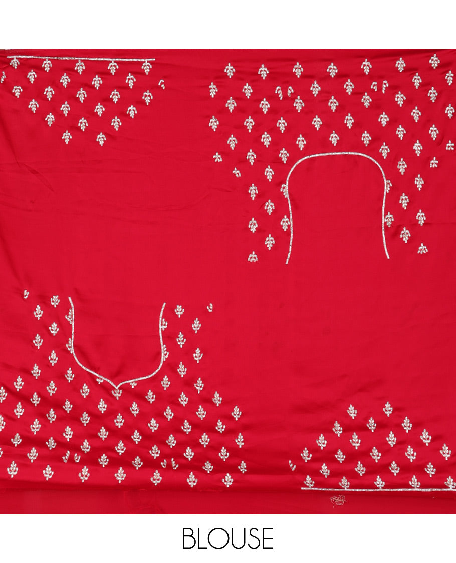 Red embroidered stone motifs designer saree with scallop crystal stone work border
