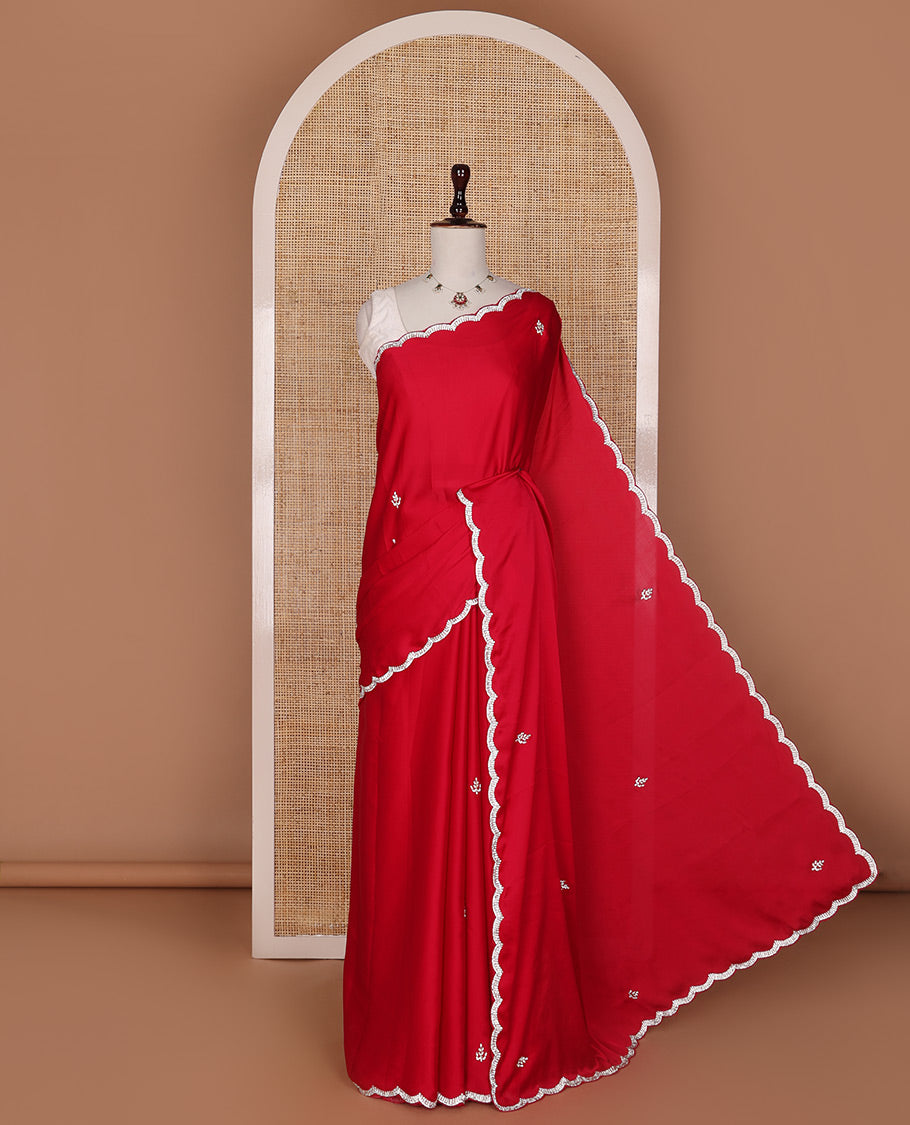 Red embroidered stone motifs designer saree with scallop crystal stone work border