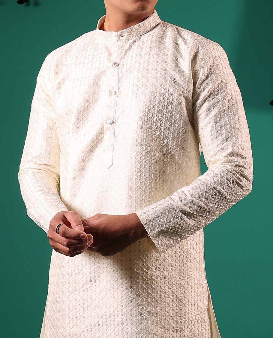 Cream jaal pattern embroidered full-sleeved men's kurta